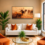 Tableau de chevaux dans une brume dorée, mis en scène dans un salon avec canapé blanc, fauteuils orange et plantes