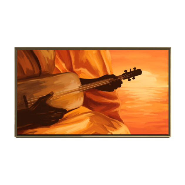Tableau horizontal d’un musicien jouant d’un instrument à cordes dans des tons orangés, vue de face sur fond blanc