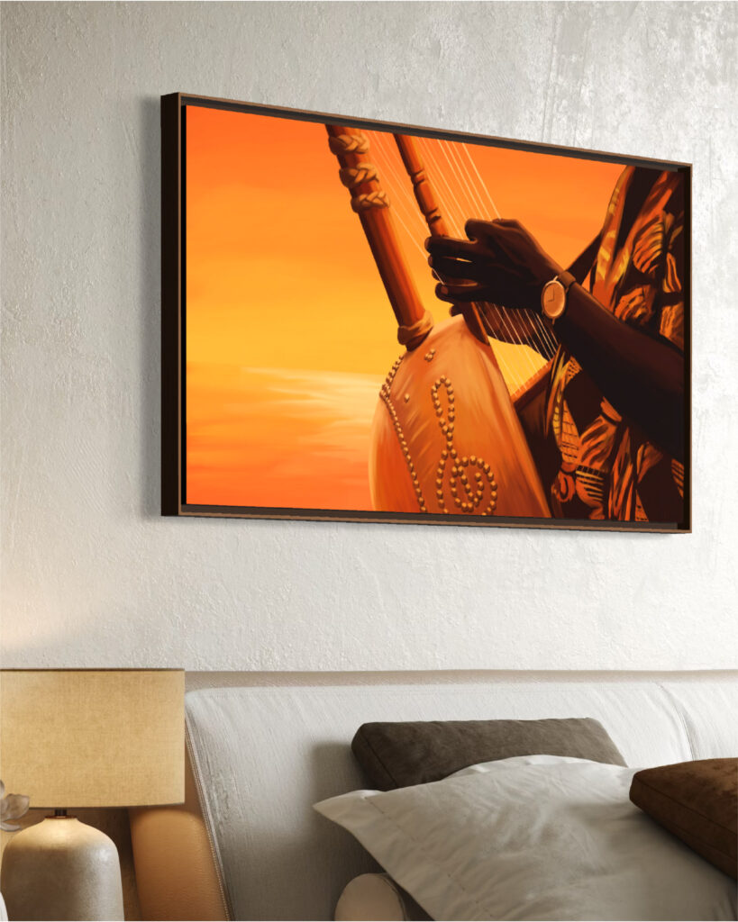 Tableau représentant les mains d’un joueur de kora sur fond orangé, vue en perspective au-dessus d’un lit