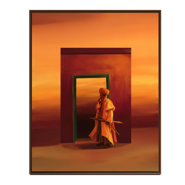 Tableau vertical d’un personnage drapé devant une porte verte et une façade ocre, vue de face sur fond blanc