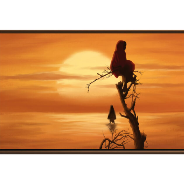 Tableau horizontal aux tons orangés montrant une silhouette drapée de rouge dans un arbre face au soleil, vue sur fond blanc