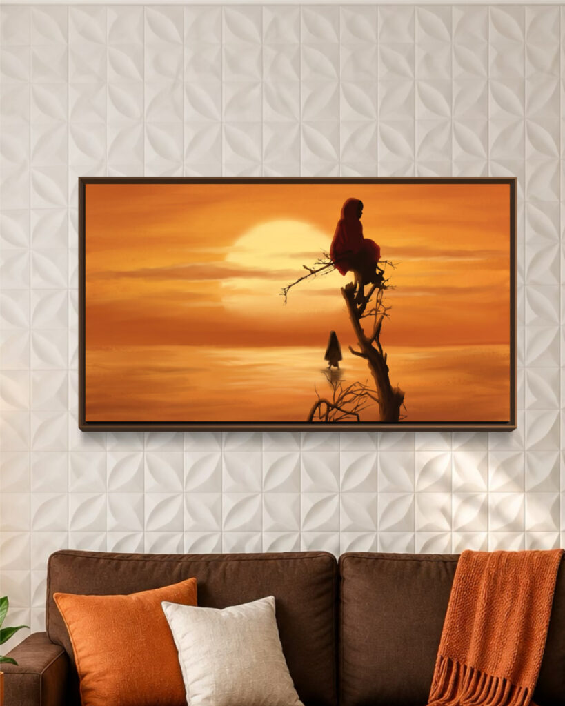 Tableau Rêverie au couchant aux tons orange et or, mis en scène au-dessus d’un canapé marron