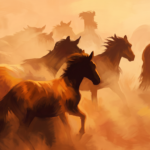 Œuvre complète de chevaux dans une lumière dorée